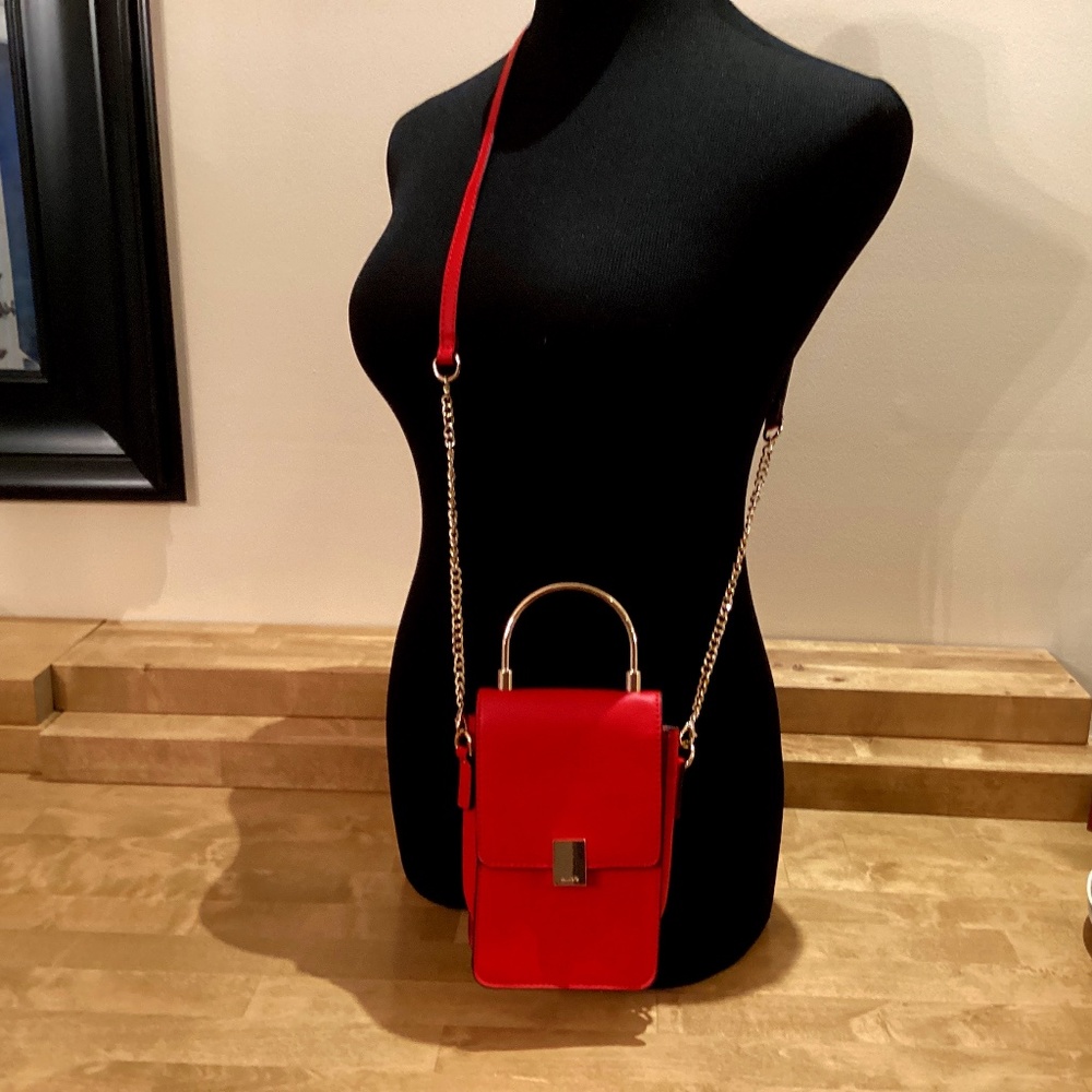 Aldo Red Faux Leather Crossbody Bag with Gold tone handle & chain/strap